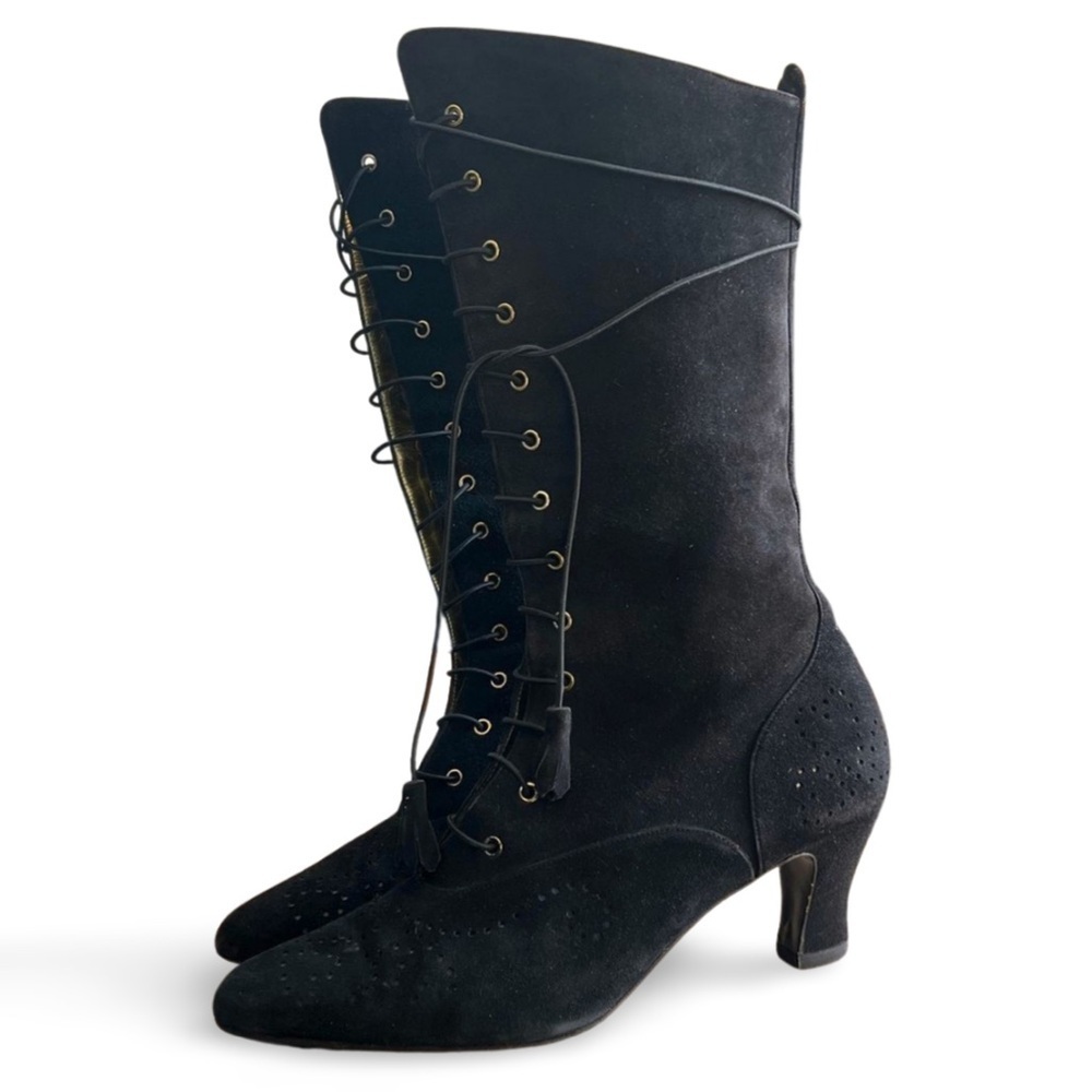 🔻1800$ ESCADA Vintage Black Victorian Witch Granny Suede Lace-Up Boots Size 7.5 - Picture 2 of 6